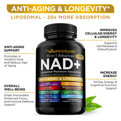 AuroraSynth NAD+ capsules close-up highlights premium liposomal formulation for mental clarity.