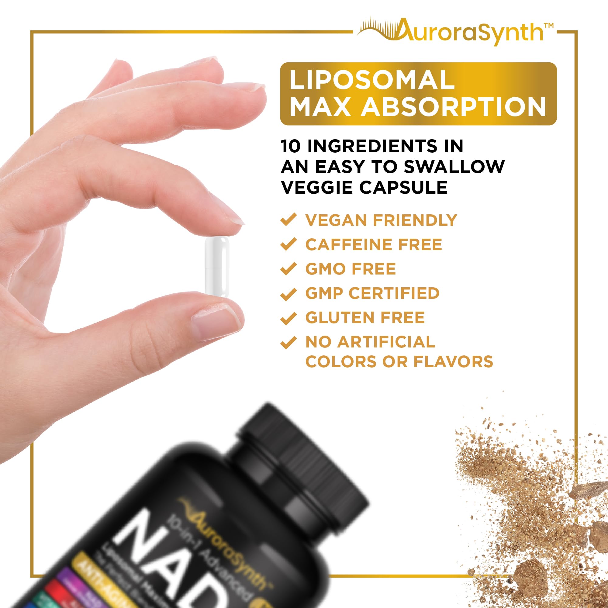 AuroraSynth NAD+ packaging shows gluten-free and non-GMO certifications for trust.