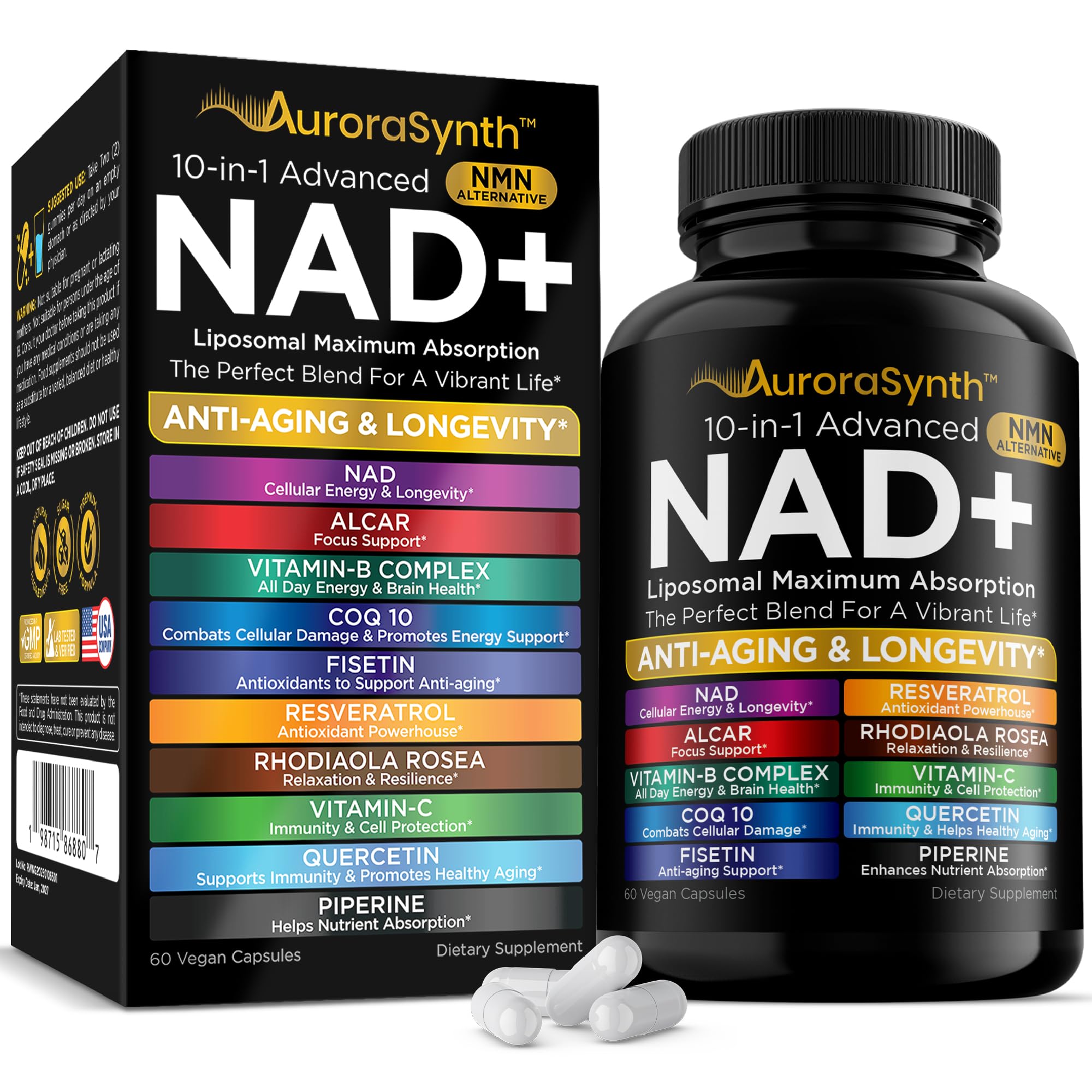 AuroraSynth NAD+ liposomal bottle demonstrates enhanced absorption for sustained cellular energy.