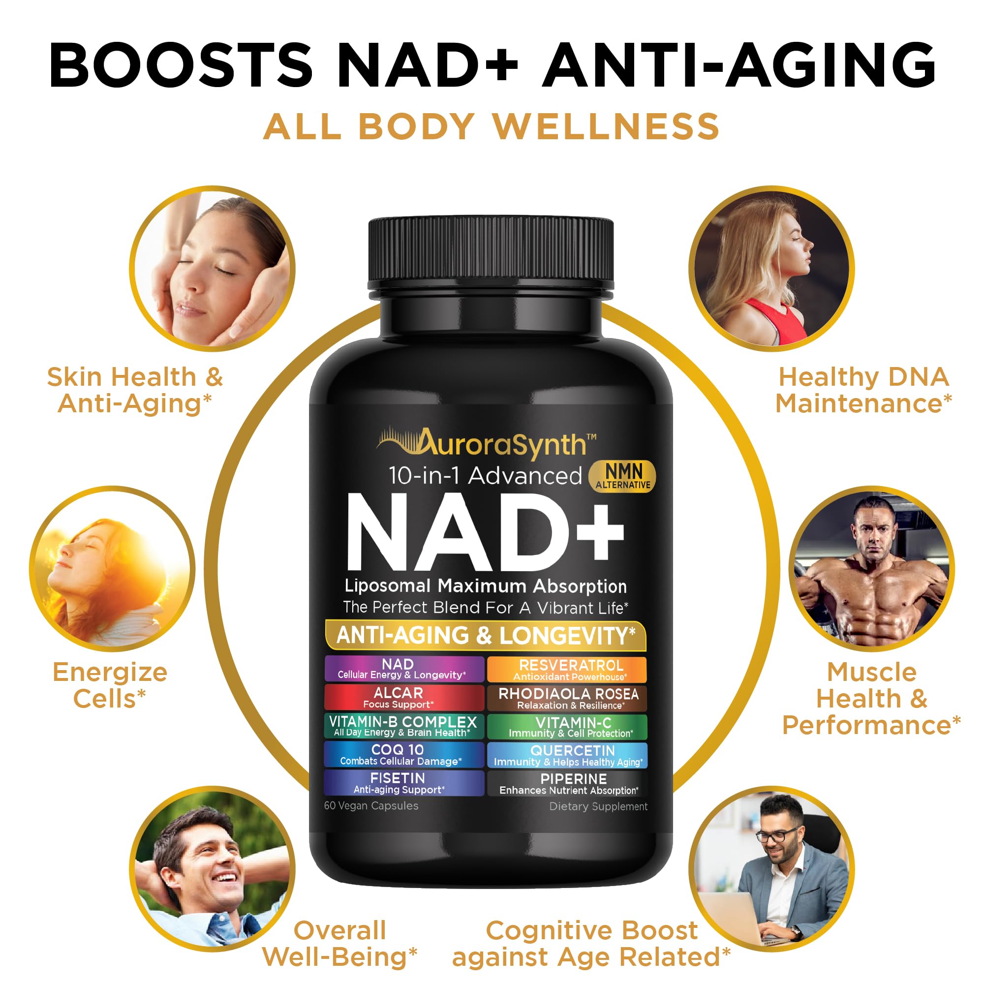 AuroraSynth NAD+ bottle on shelf conveys easy daily wellness routine.