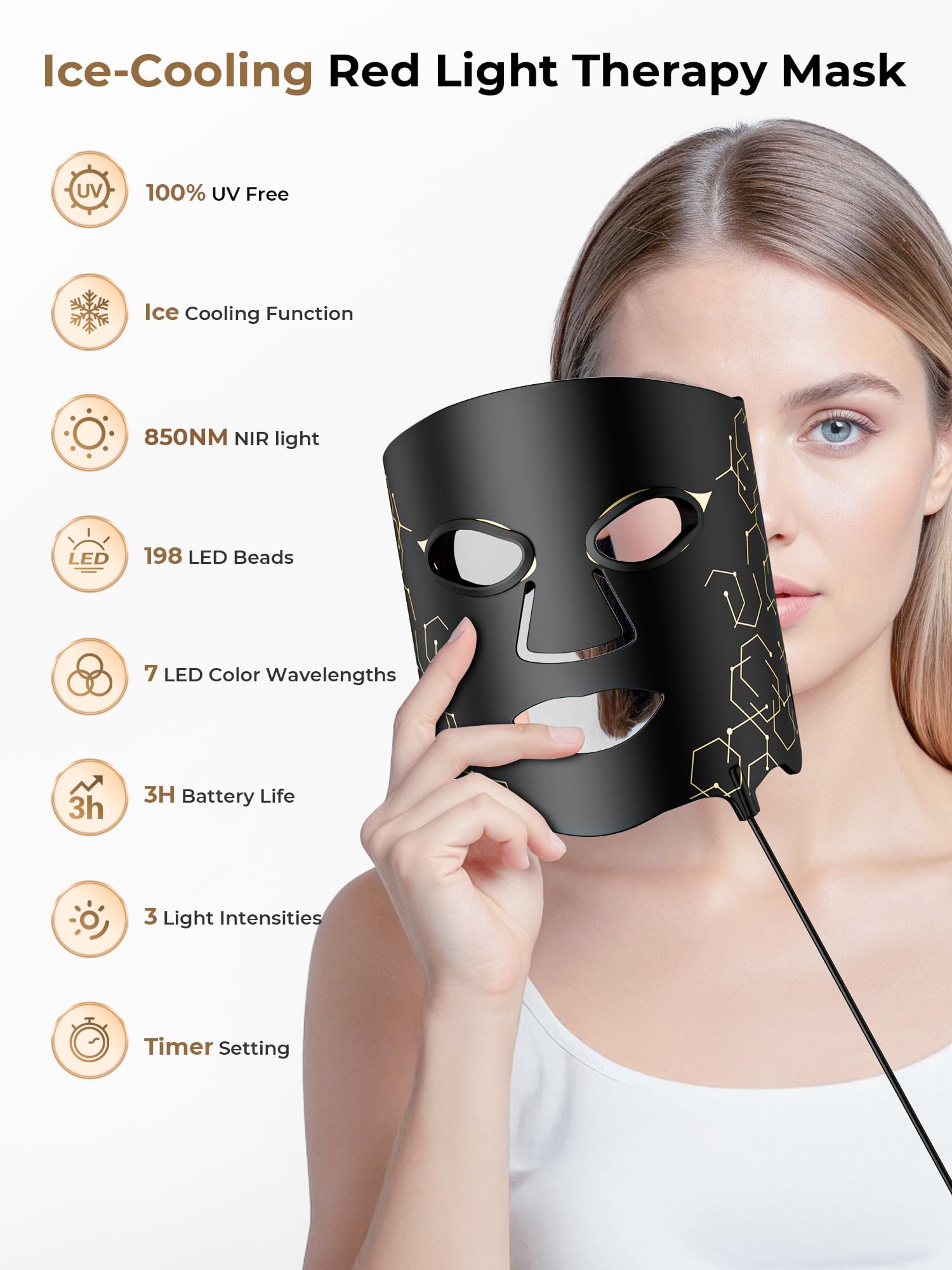 Aurphany LED mask with 198 LED beads for even coverage.