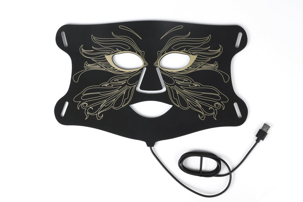 Aurphany LED mask on the face showing 324 LEDs for deep light therapy and a soothing routine