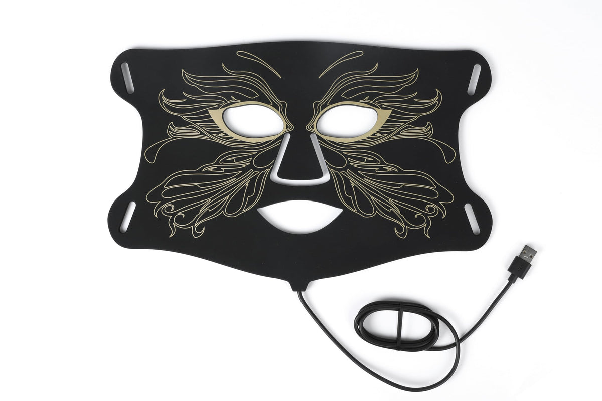 Aurphany LED mask on the face showing 324 LEDs for deep light therapy and a soothing routine