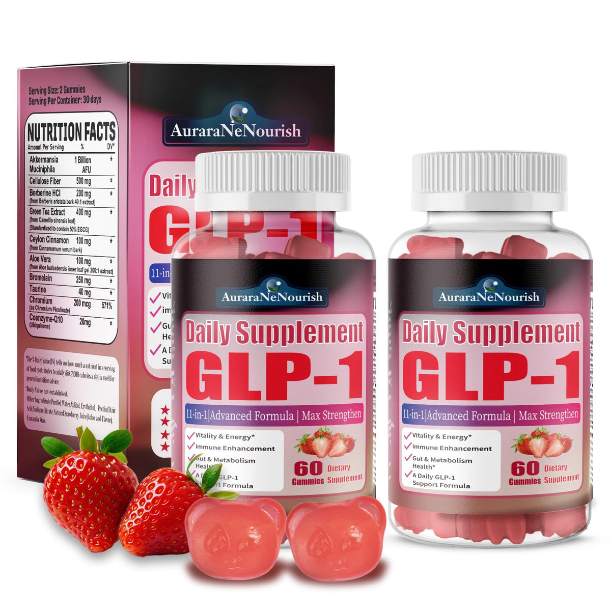 AururaNeNourish GLP-1 gummies bottle showing sugar-free daily support.