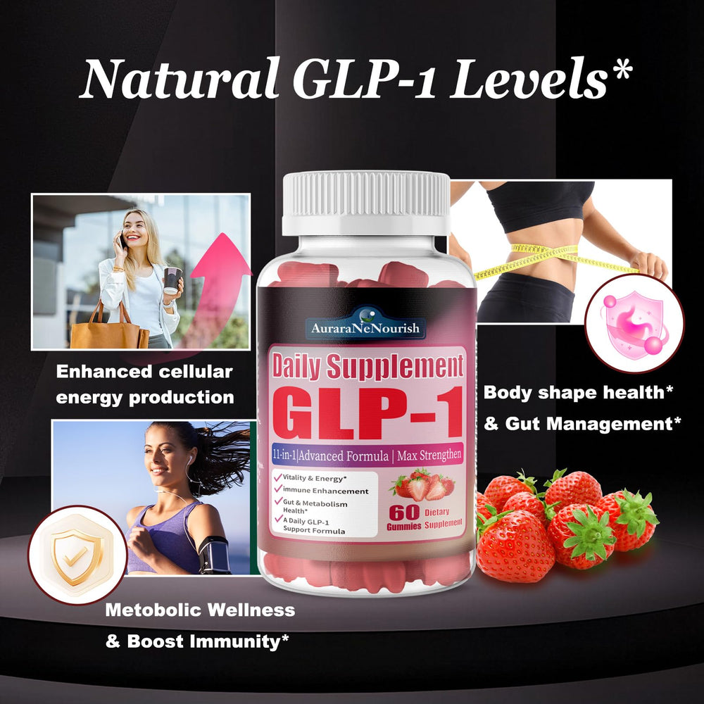AururaNeNourish GLP-1 gummies close-up with fruity texture and sugar-free appeal.