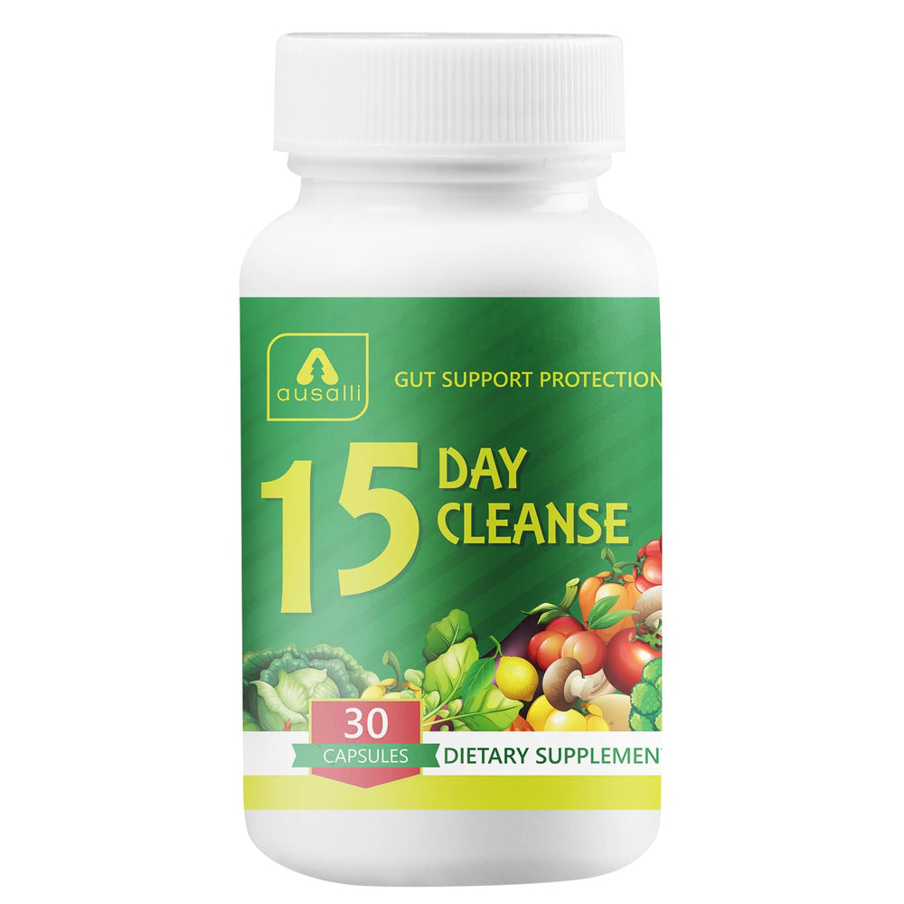 ausalli 15-Day Digestive Support bottle with plant-based ingredients for daily gentle balance.