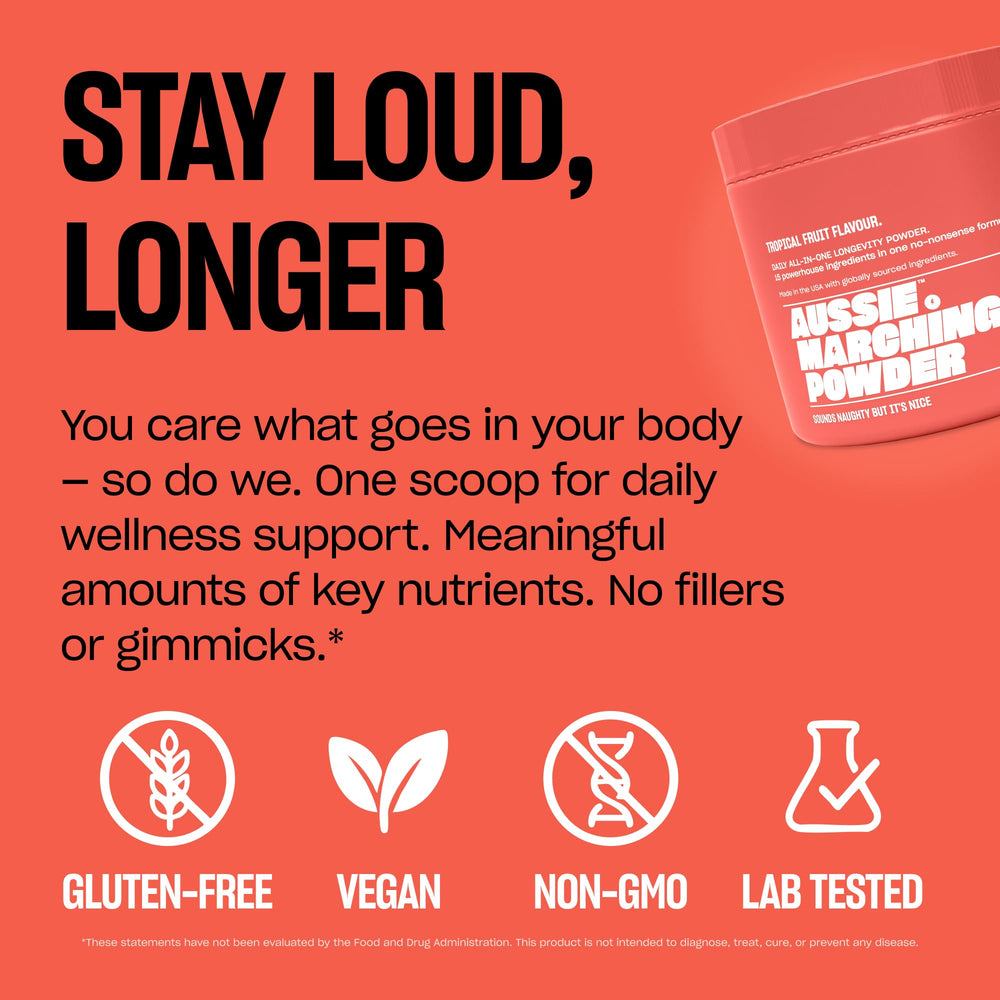 Aussie Marching Powder 30-scoop jar showcased for a monthly wellness routine.