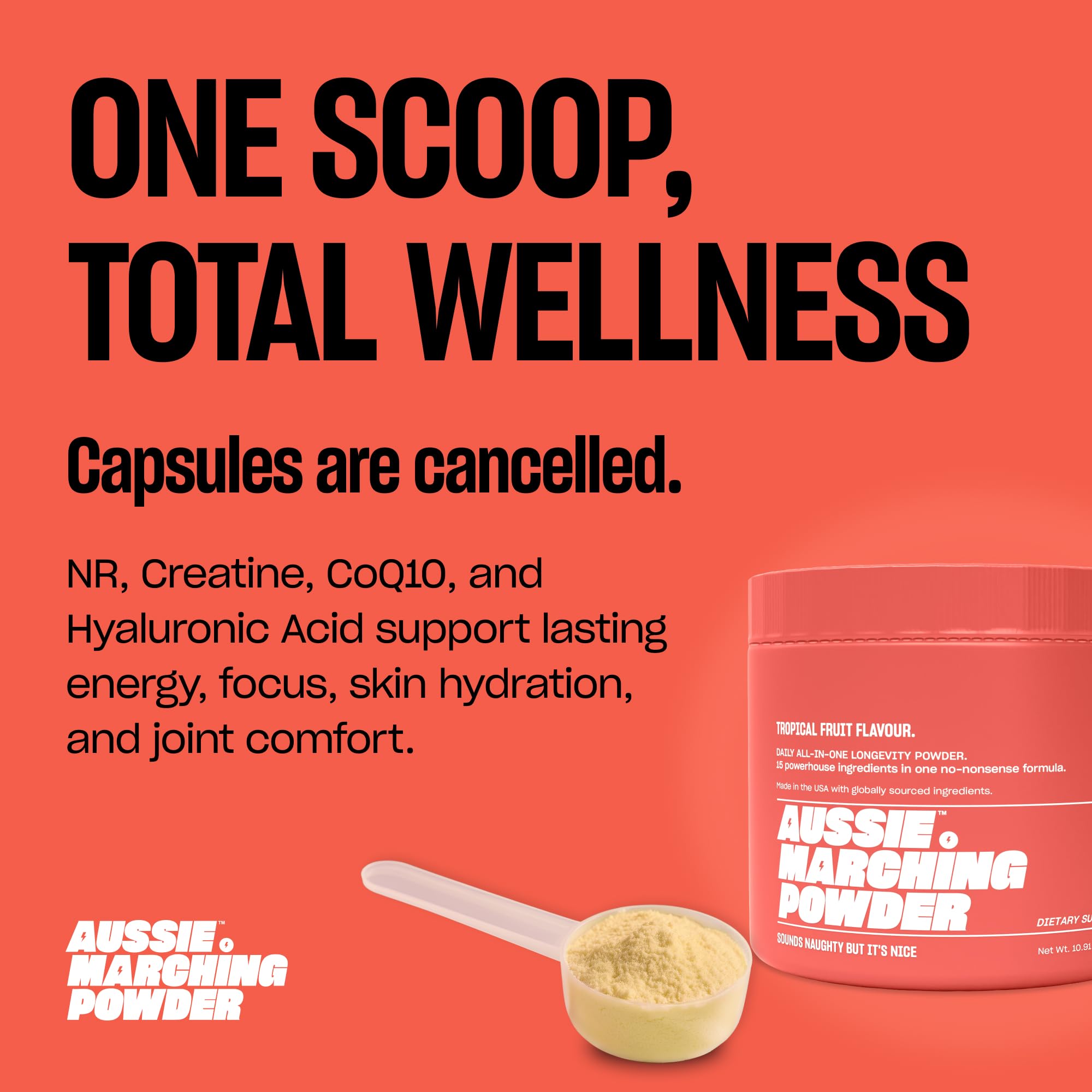 Aussie Marching Powder CoQ10 ingredient visual with focus on energy metabolism.
