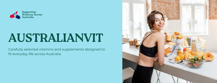 Woman in a kitchen with fruits and vegetables, AustralianVit branding on the left.