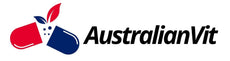 Logo of AustralianVit with a red and blue container design on a white background