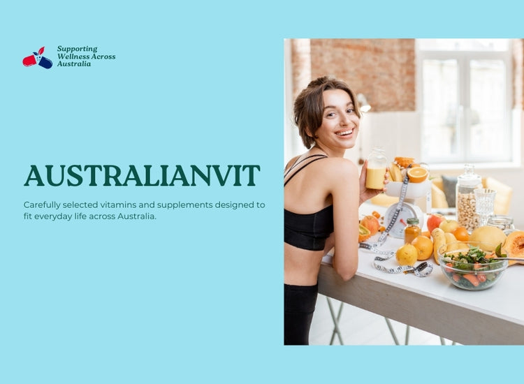 Woman in a kitchen with fruits and vegetables, Australianvit branding on the left.