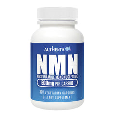 Authenta NMN bottle and cap with clean label showing daily 600 mg serving