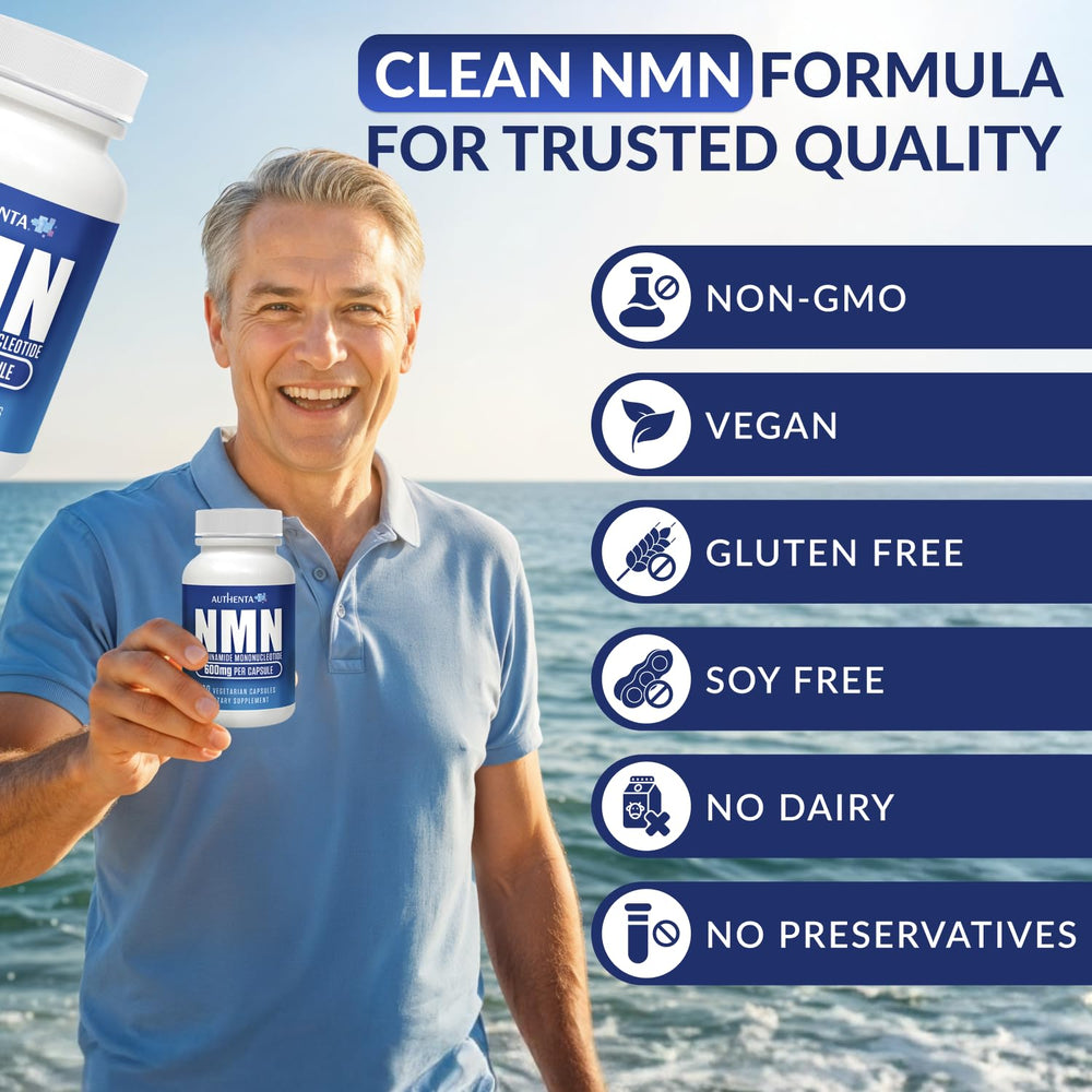 Authenta NMN packaging displayed on a clean surface for busy lifestyles