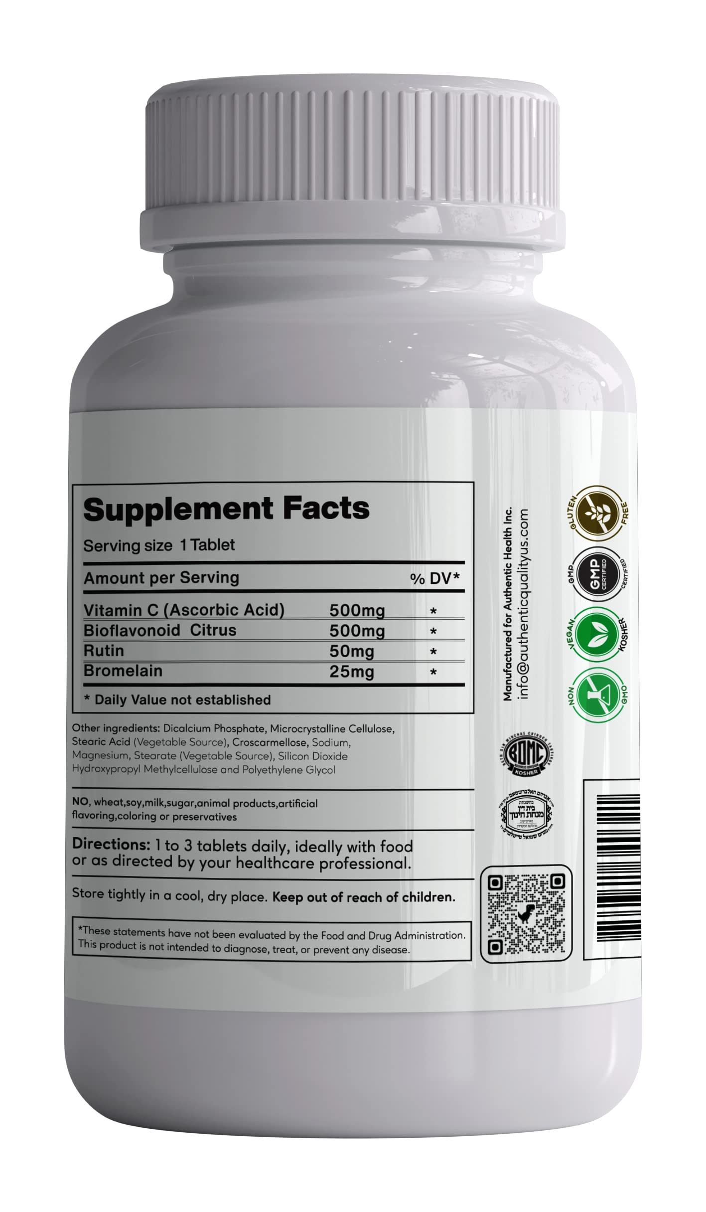 Authentic Health C1:1 Bioflavonoids label closeup highlights kosher-certified Vitamin C