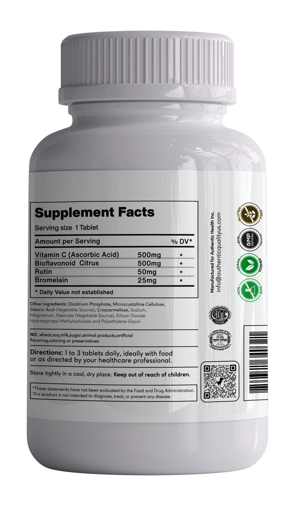 Authentic Health C1:1 Bioflavonoids label closeup highlights kosher-certified Vitamin C