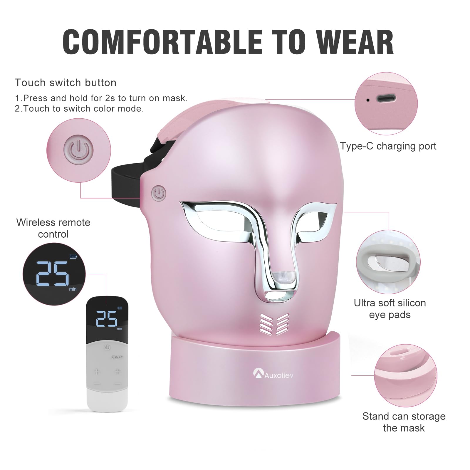 Auxoliev adjustable brightness levels personalize comfort and treatment intensity