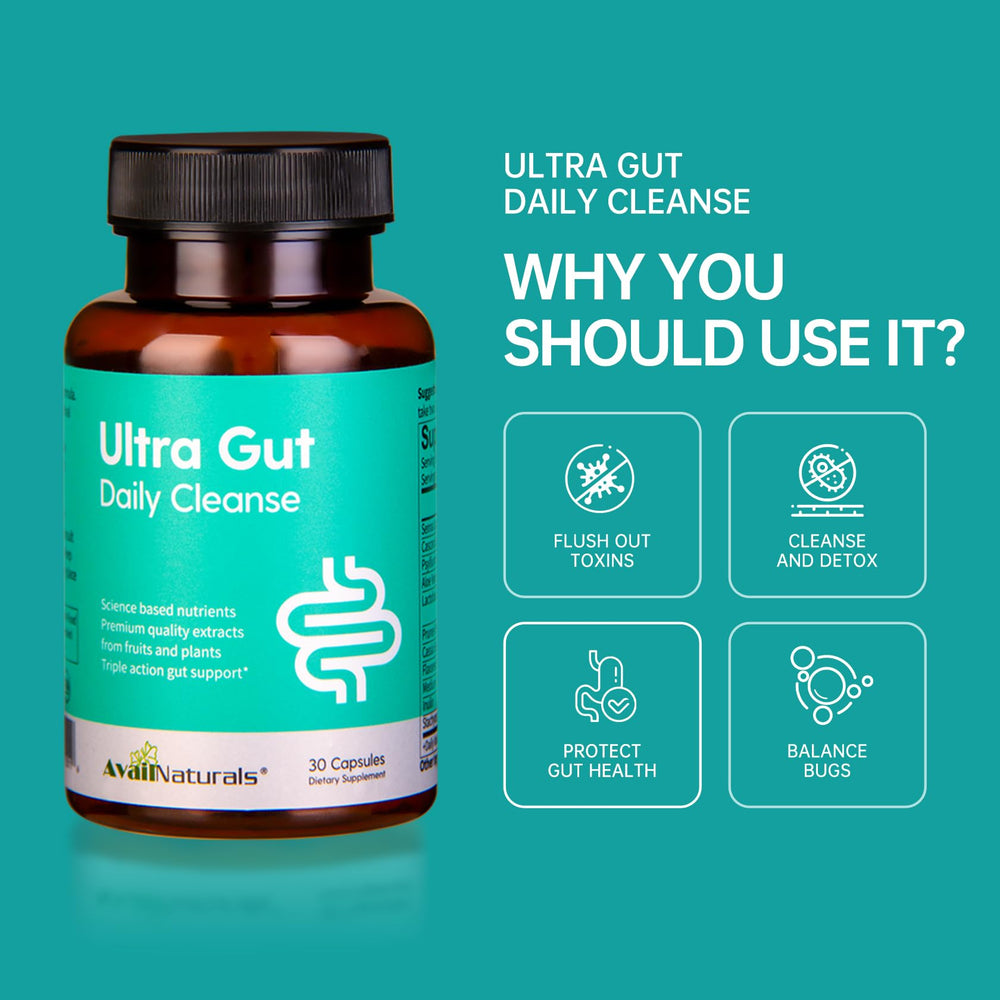 AvailNaturals Ultra Gut Daily Cleanse capsule close-up with Aloe Vera and Cassia Seed.