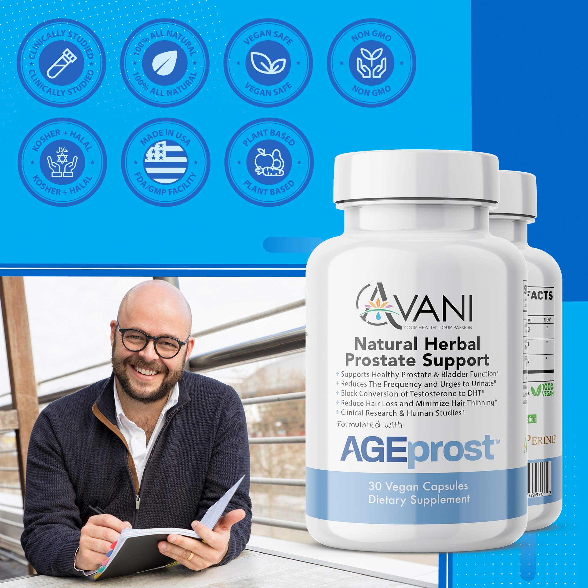 Close-up of AGEprost label highlighting ingredients and benefits