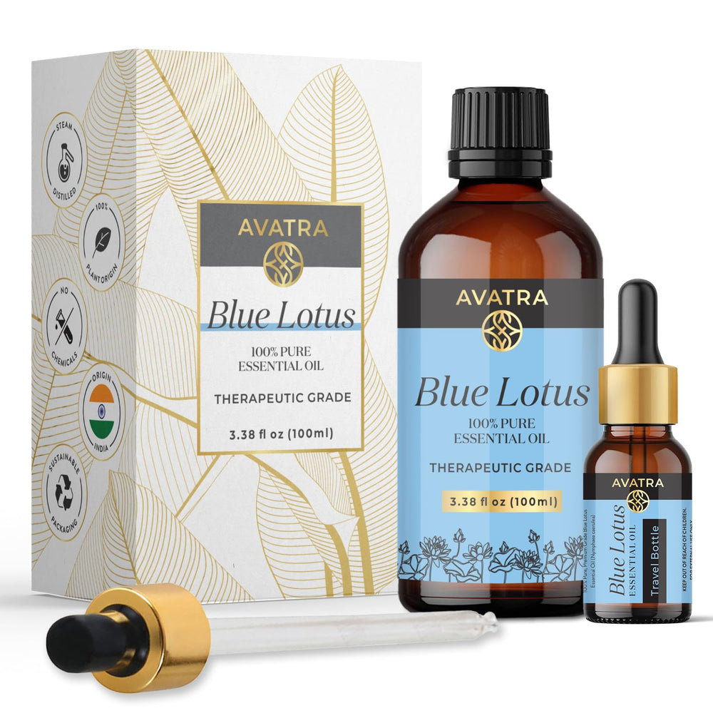 AVATRA BLUE LOTUS essential oil bottle for pure, undiluted blends.