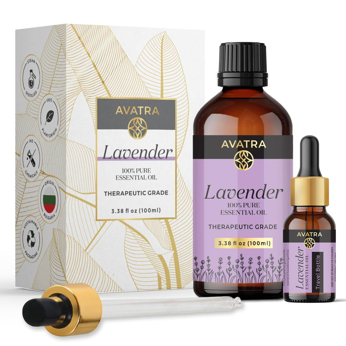 AVATRA Lavender Essential Oil bottle with dropper for diffusion.
