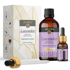 AVATRA Lavender Essential Oil bottle with dropper for diffusion.