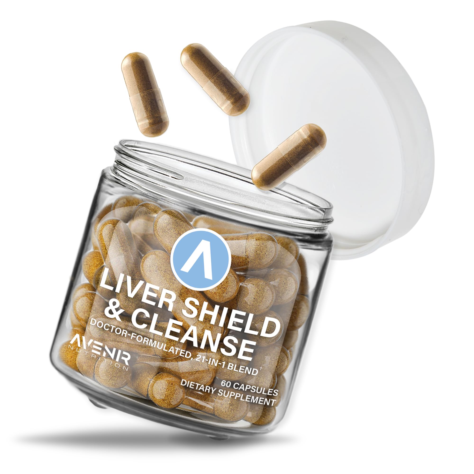 Avenir Nutrition Liver Shield and Cleanse bottle with capsules supports daily liver health.