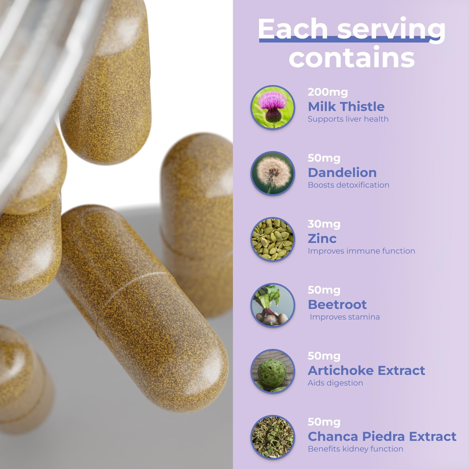 Avenir Nutrition Liver Shield and Cleanse ingredients illustration highlights milk thistle and artichoke extract.