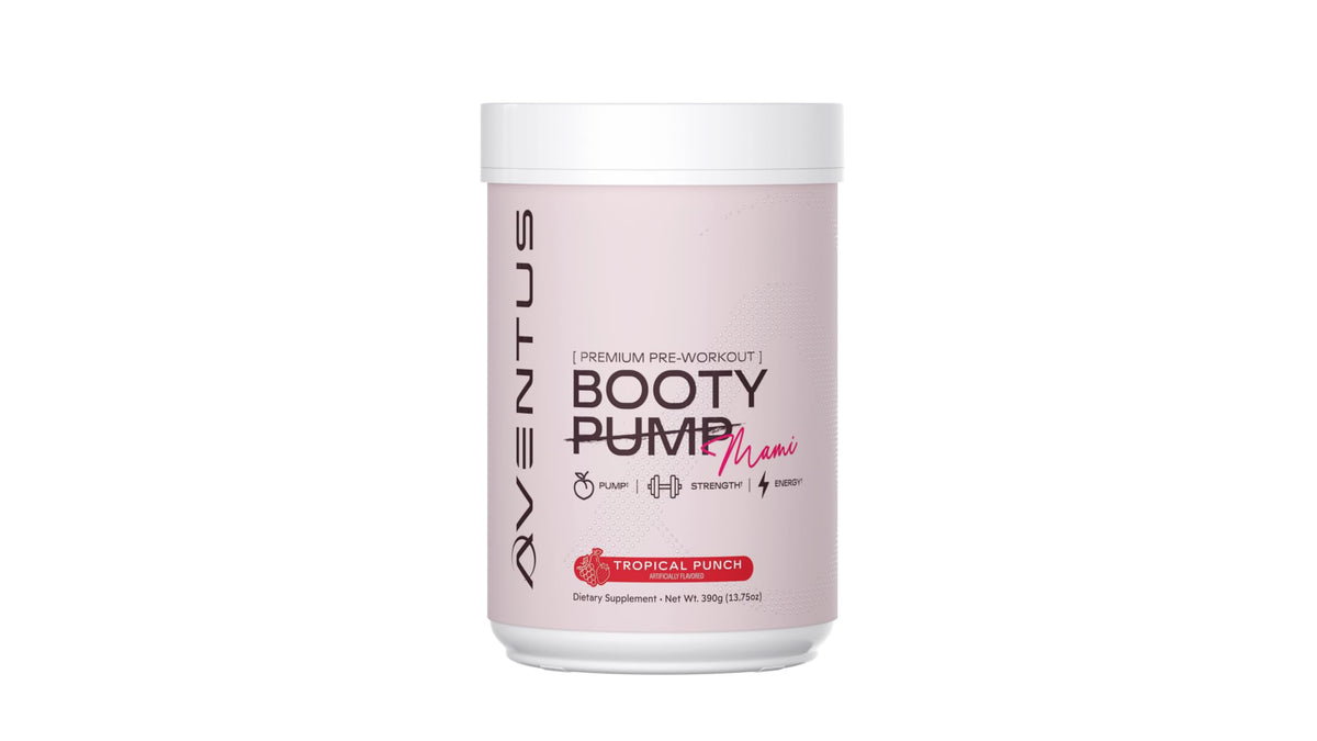 Aventus Booty Pump bottle showing premium pre-workout energy and focus