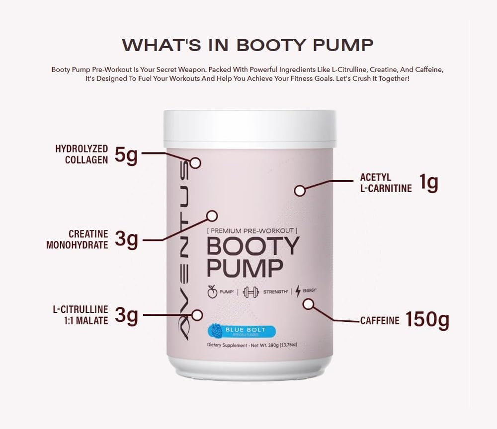 Aventus Booty Pump ingredients collage showing collagen and performance support