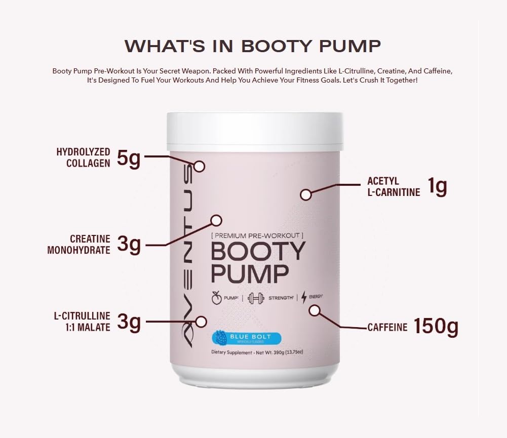 Aventus Booty Pump label closeup highlights collagen and creatine benefits.