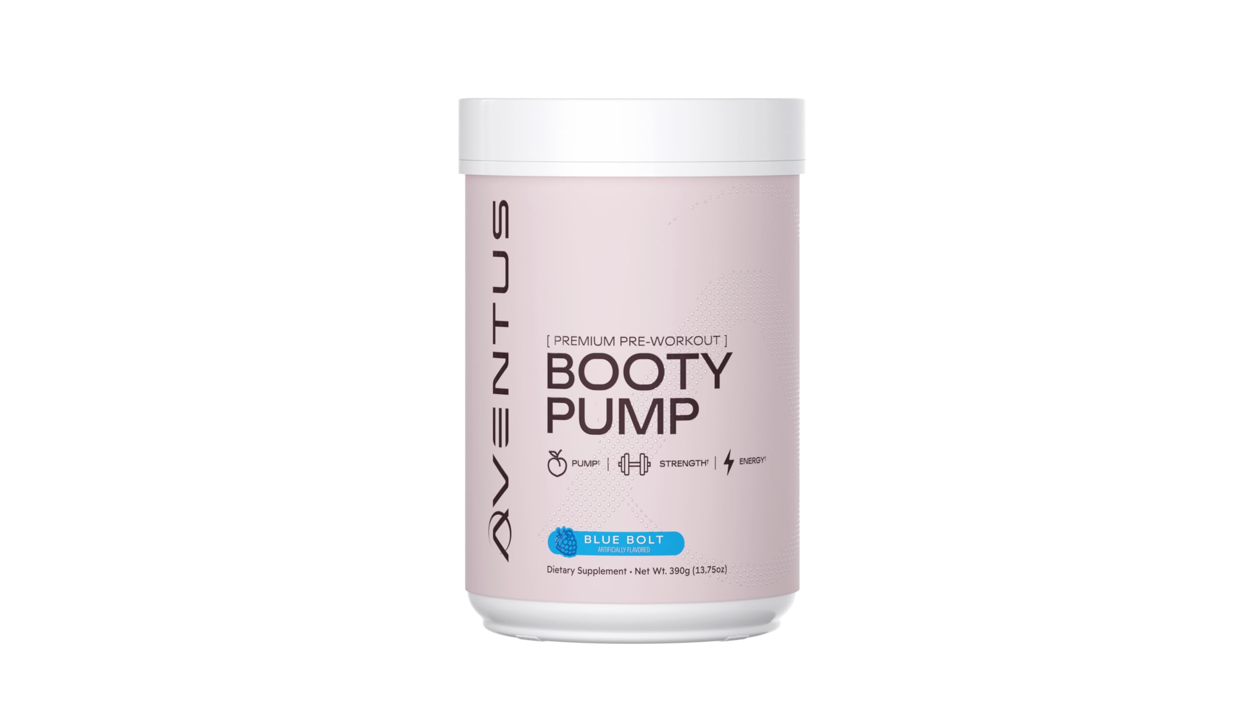 Aventus Booty Pump tub front showing collagen and caffeine for energy.