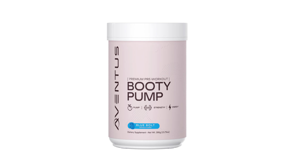 Aventus Booty Pump tub front showing collagen and caffeine for energy.