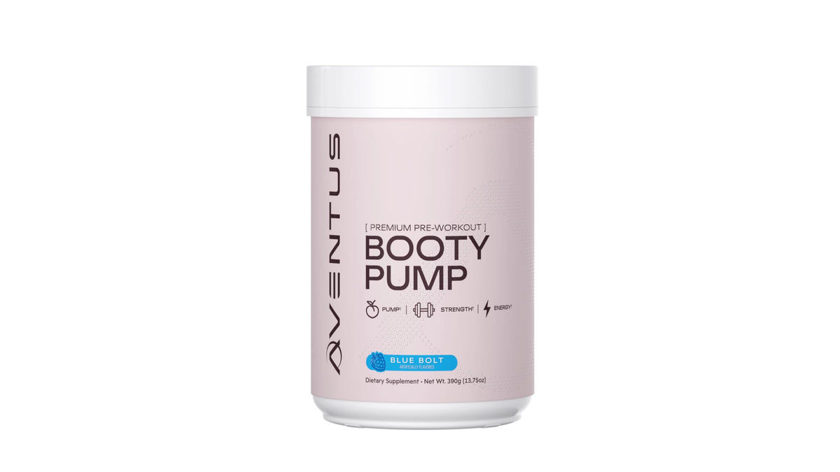 Aventus Booty Pump tub front showing collagen and caffeine for energy.