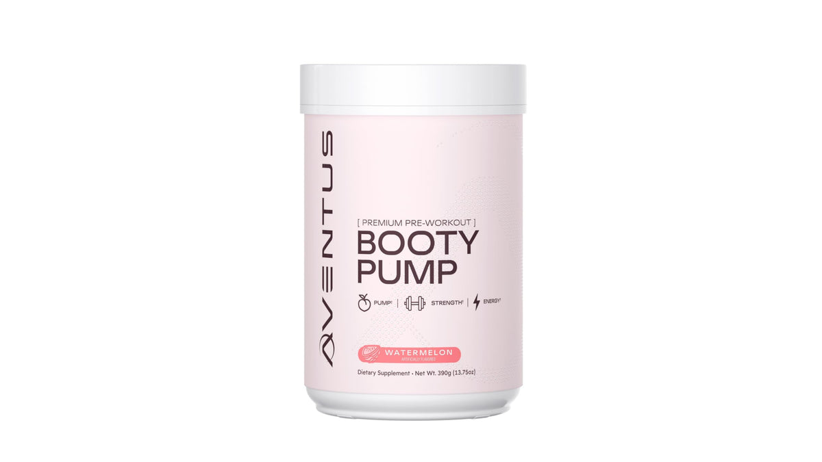 Aventus Booty Pump watermelon tub with label, offers pre-workout energy