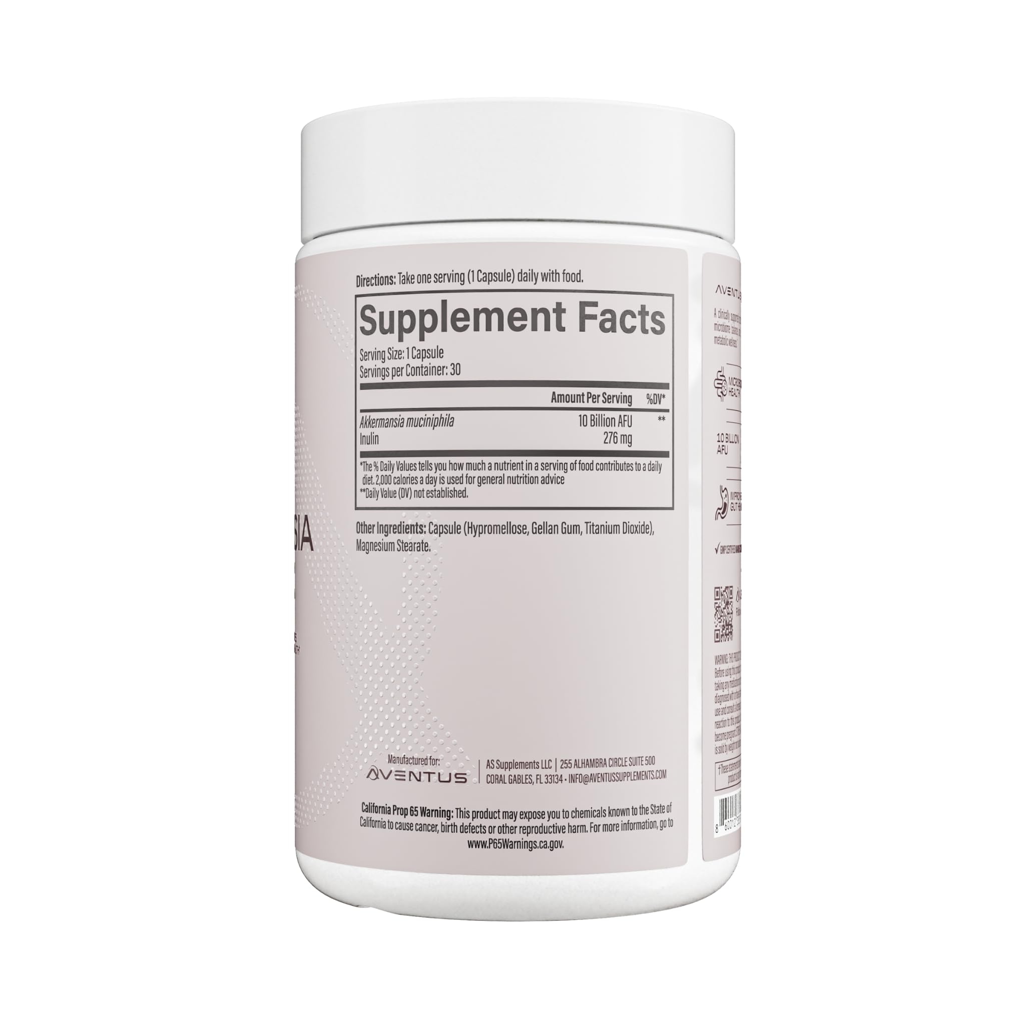 Aventus Women's Daily Akkermansia capsules close-up highlighting high-potency probiotic for digestive balance.