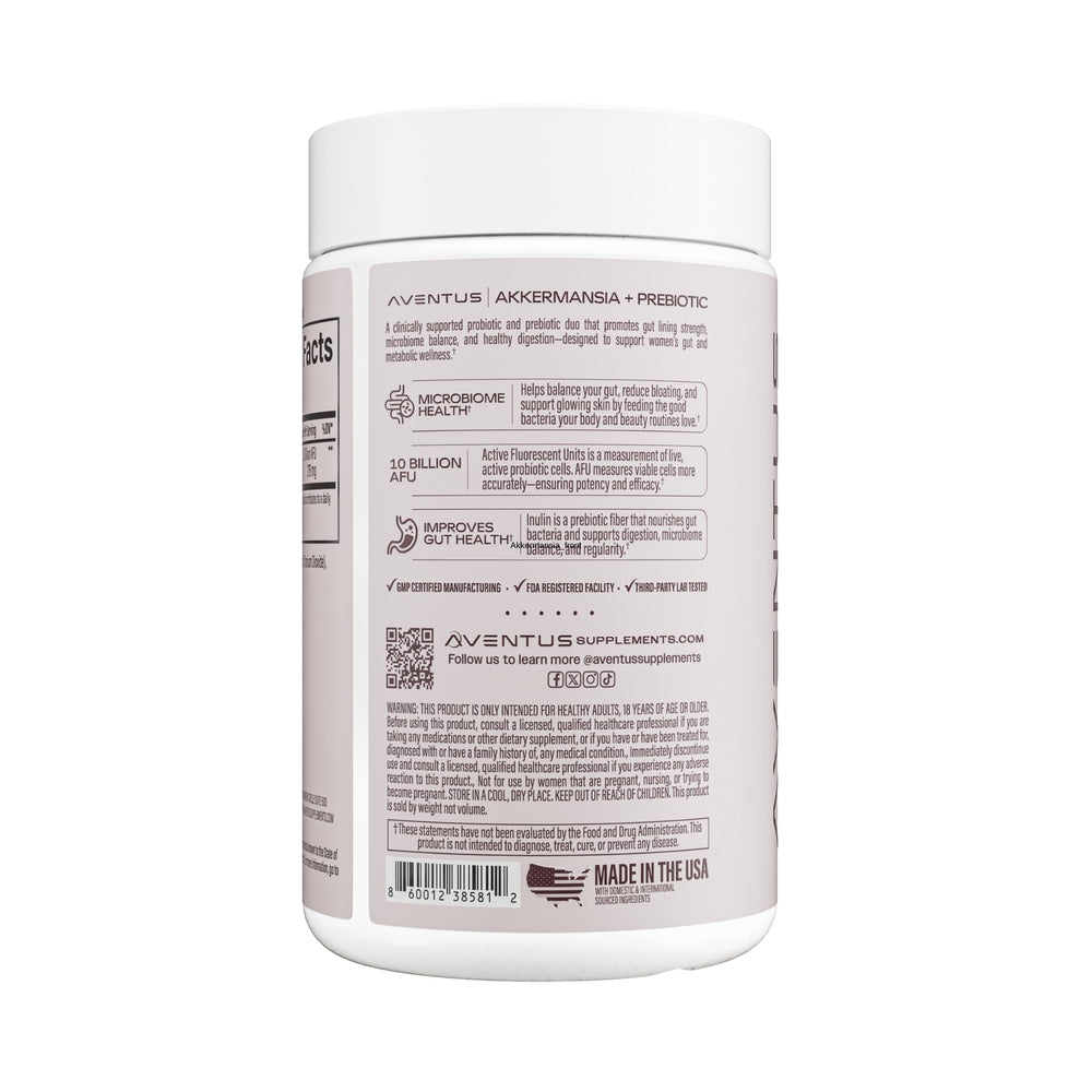 Aventus Women's Daily Akkermansia label back detailing ingredients and prebiotic support.