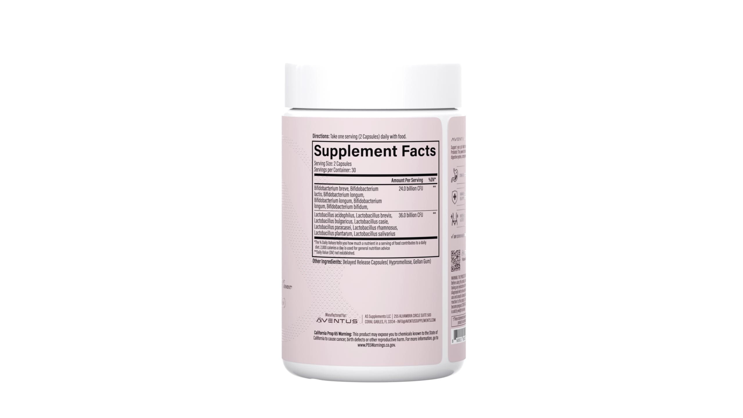 Aventus Women's Daily Probiotic capsules close-up highlighting acid-resistant delayed release design.