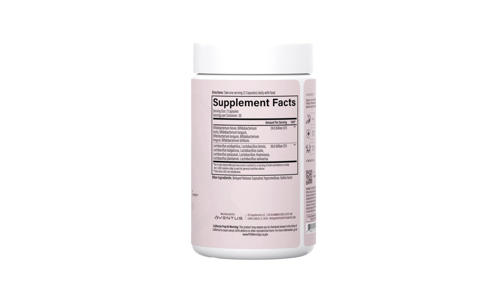 Aventus Women's Daily Probiotic capsules close-up highlighting acid-resistant delayed release design.
