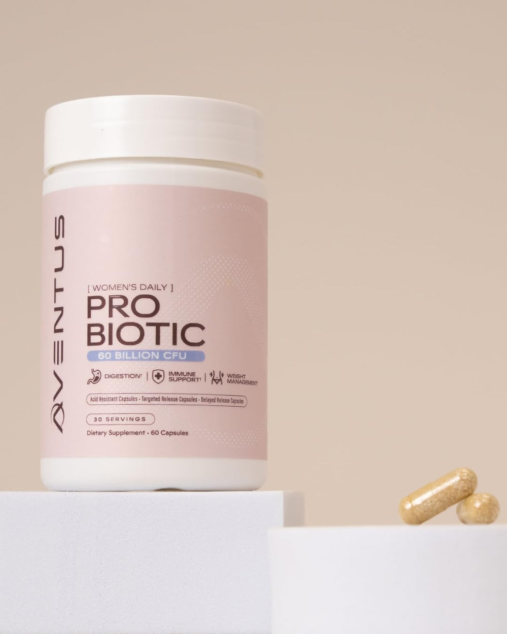 Aventus product label showing 60 servings and premium formula for gut health.