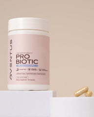 Aventus product label showing 60 servings and premium formula for gut health.
