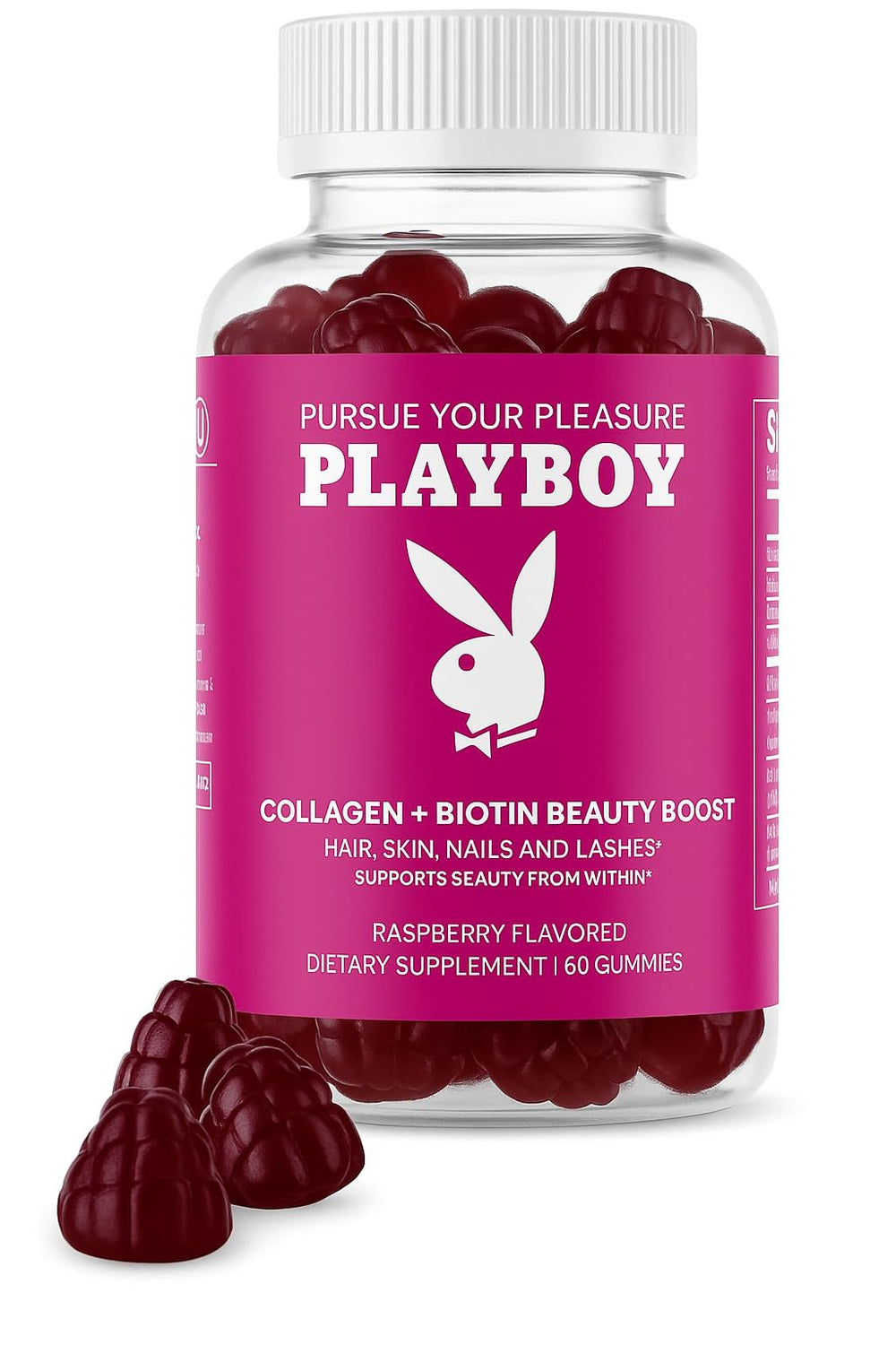 Avid Playboy Beauty Boost bottle showcases raspberry gummies for skin and hair support.
