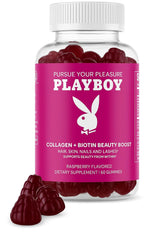 Avid Playboy Beauty Boost bottle showcases raspberry gummies for skin and hair support.