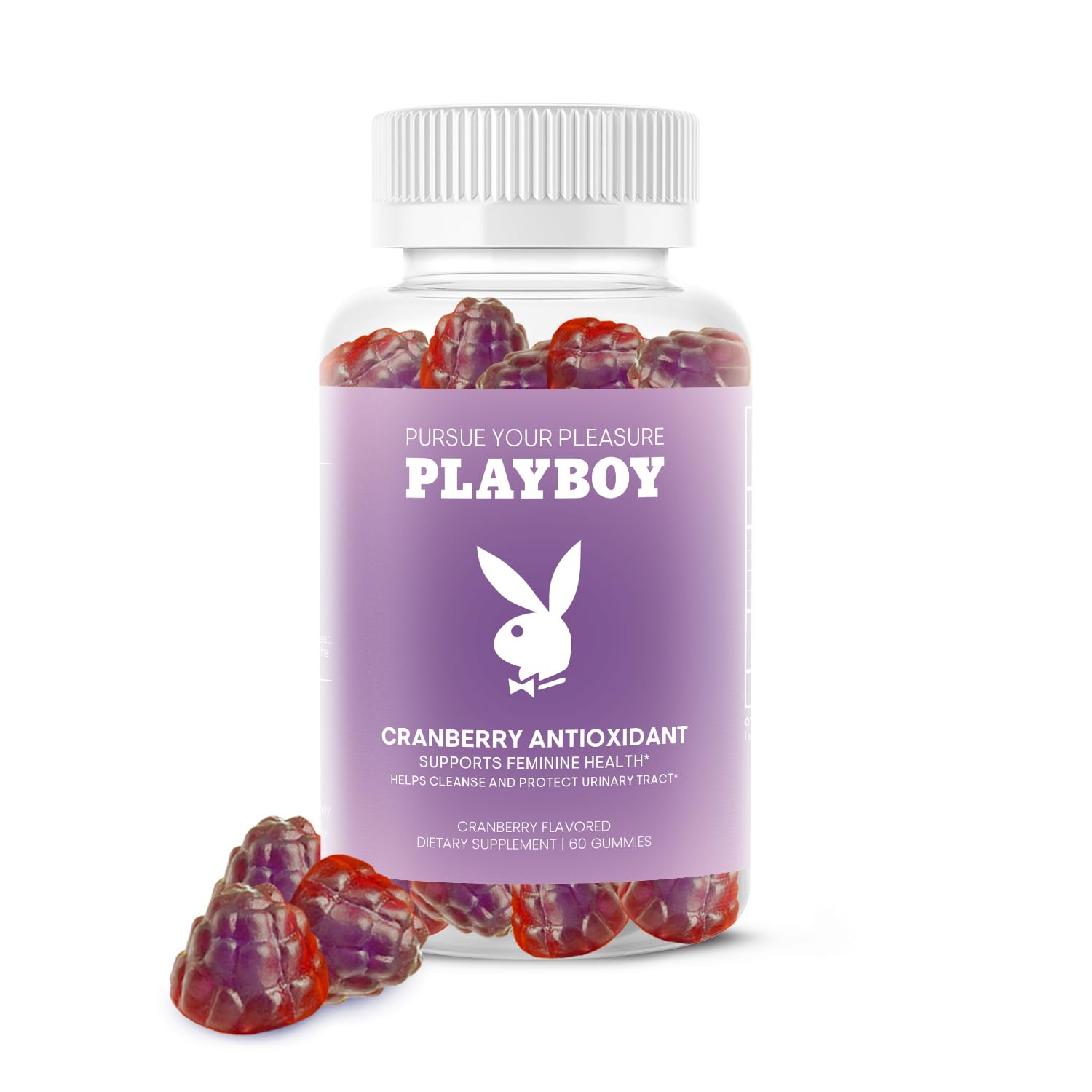 Avid Playboy cranberry gummies bottle front, antioxidant support for daily feminine wellness