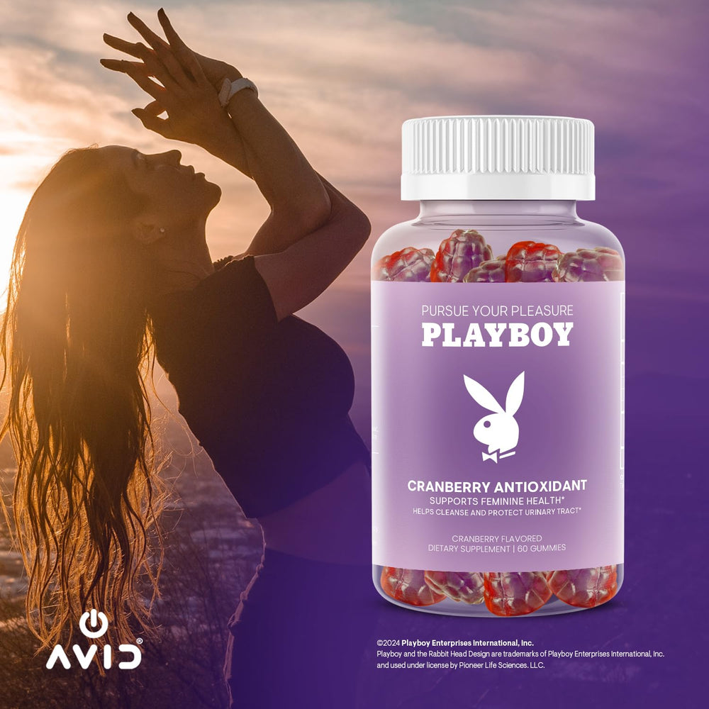 Avid Playboy cranberry gummies ingredients closeup, natural, GMO-free formulation