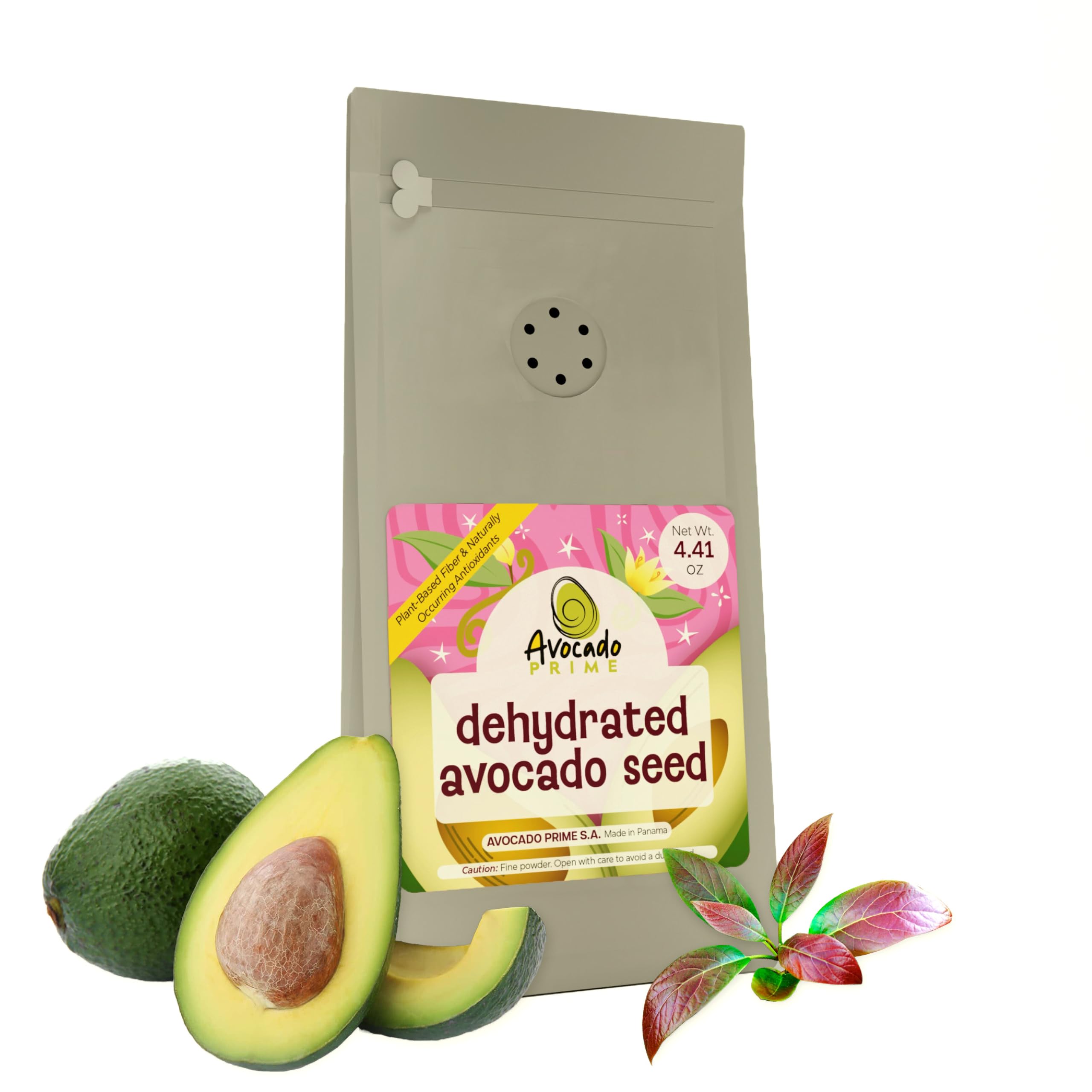 Avocado Prime dehydrated avocado seed powder bottle front highlighting fiber-rich supplement