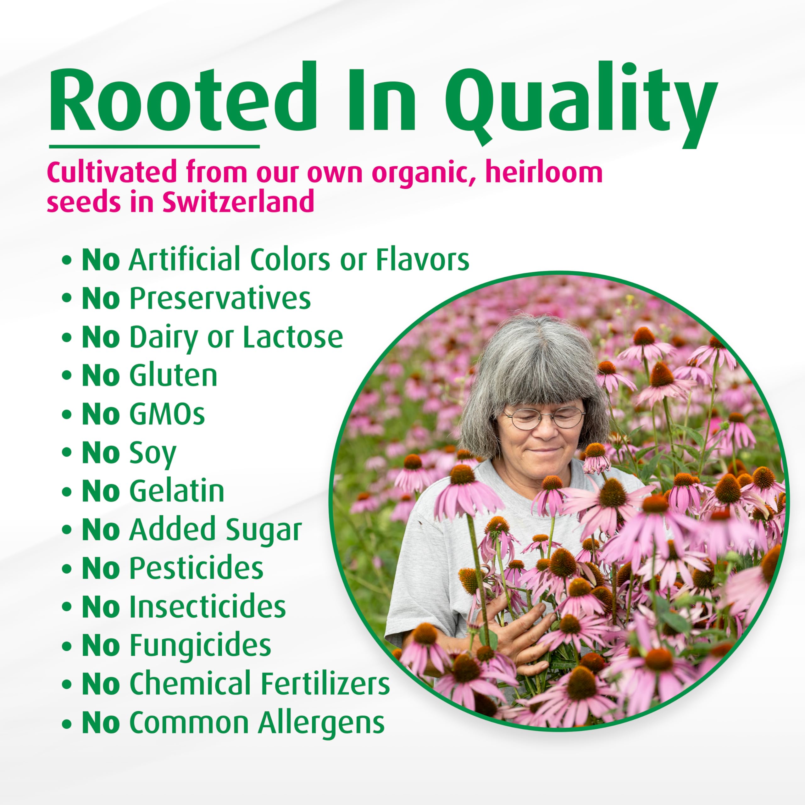 Clean label highlights gluten-free, dairy-free, and non-GMO ingredients in Echinaforce.