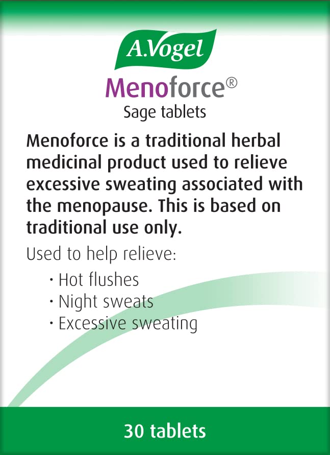 A.Vogel Menoforce Sage Tablets held in hand, indicating a discreet herbal option for night sweats.
