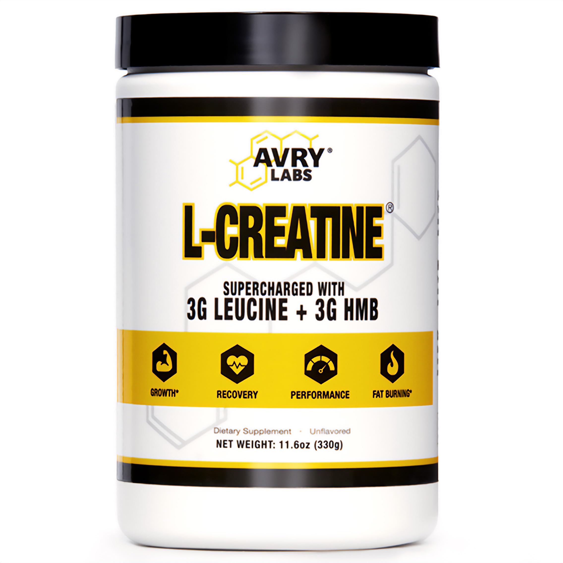 Avry Labs L-Creatine bottle shows premium blend for strength and recovery