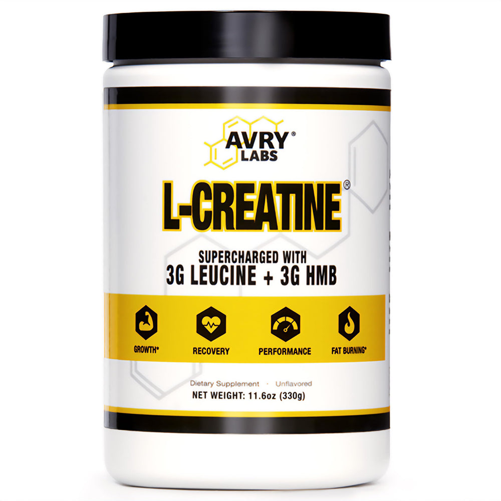 Avry Labs L-Creatine bottle shows premium blend for strength and recovery