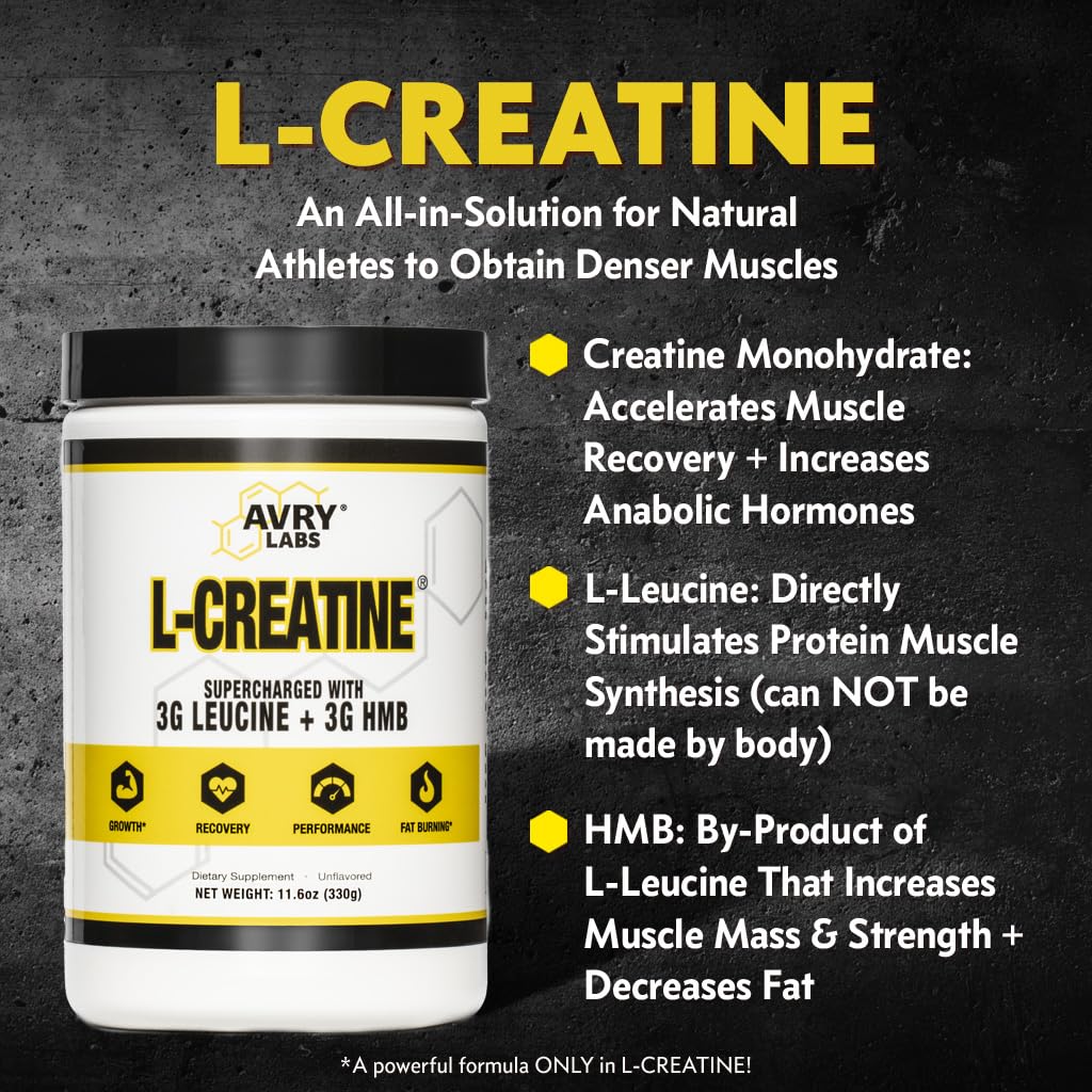 Avry Labs L-Creatine scoop demonstrates convenient pre/post-workout dosing